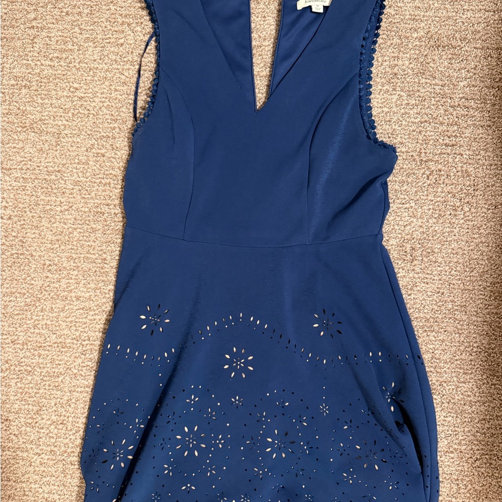 Francesca's Navy V-Neck Dress with Pom Trim